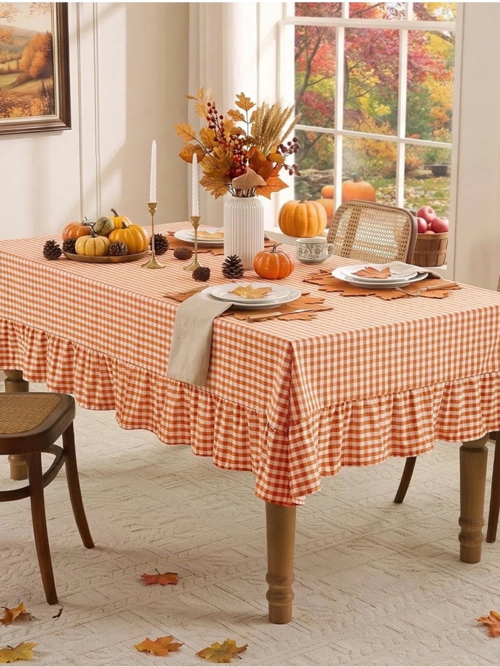 Gingham Ruffled Tablecloth Orange Check rectangular 60x84 Fall Thanksgiving - Picture 3 of 5